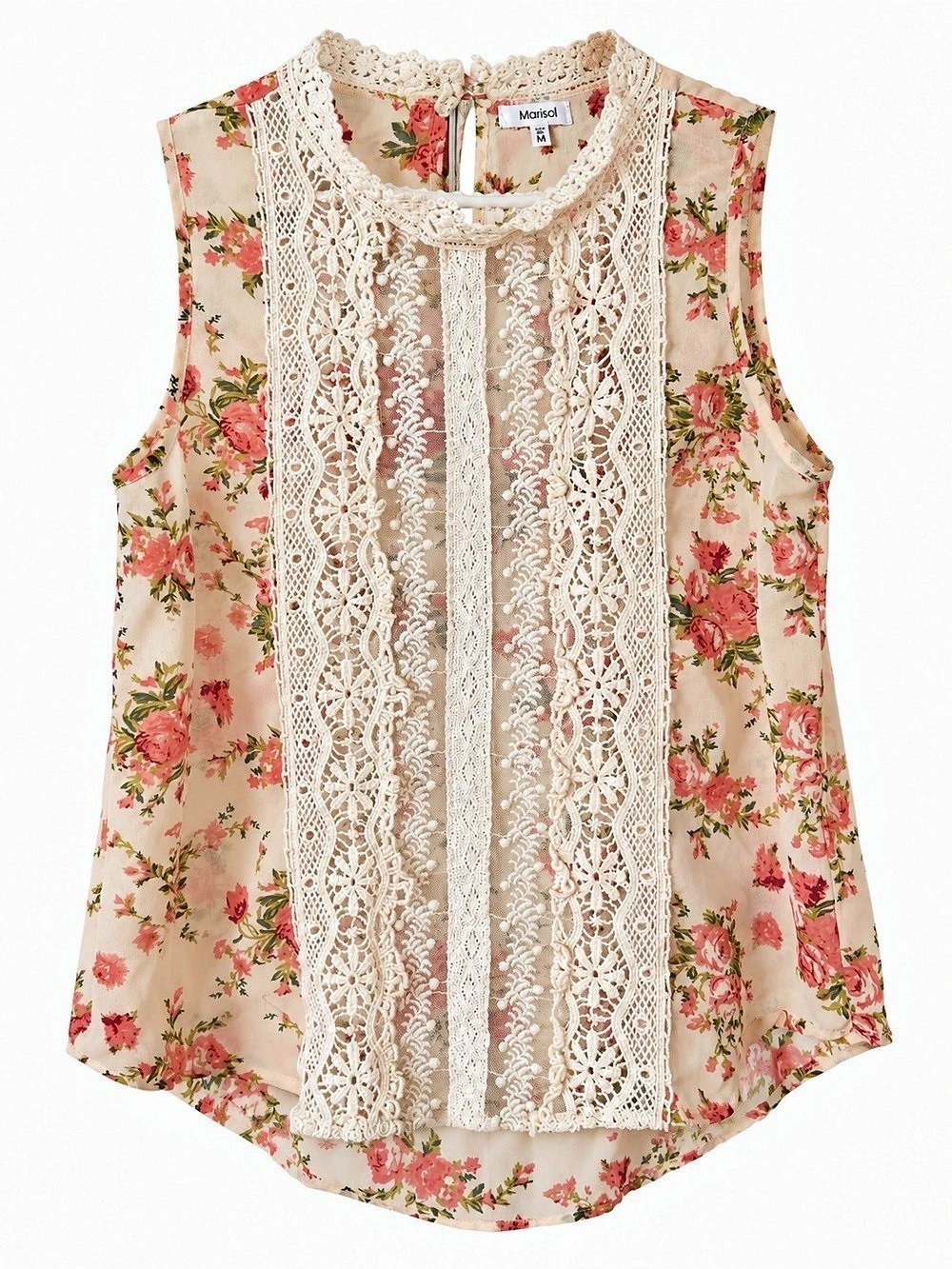 Marisol Cream Pink Floral Crochet Lace Sleeveless Boho Blouse Women's M